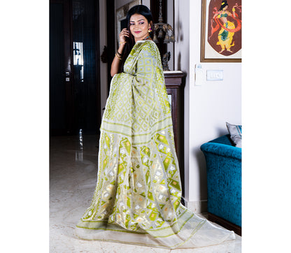 Handloom Jamdani Saree - Olive on White