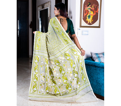 Handloom Jamdani Saree - Olive on White