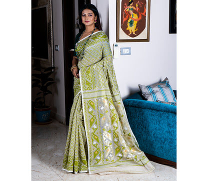 Handloom Jamdani Saree - Olive on White