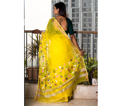 Handloom Muslin Silk Saree - Yellow with Leaf Design