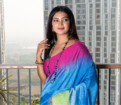 Handloom Saree With Ganga-Jamuna Par - Purple & Green on Sky Blue - ArtisanSoul