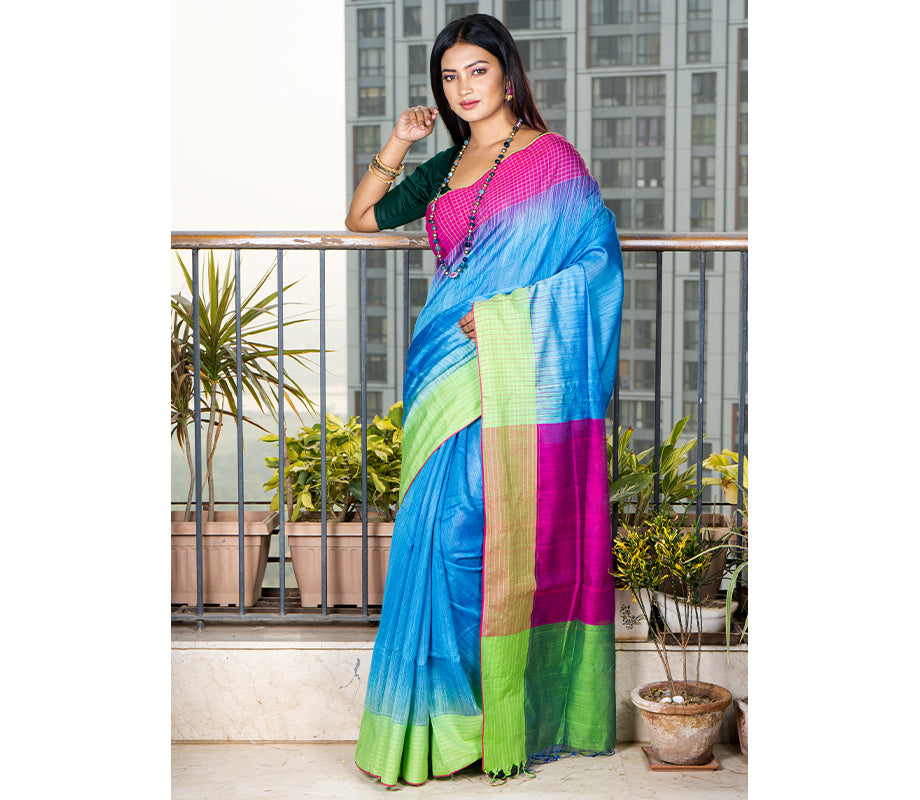 Handloom Saree With Ganga-Jamuna Par - Purple & Green on Sky Blue - ArtisanSoul