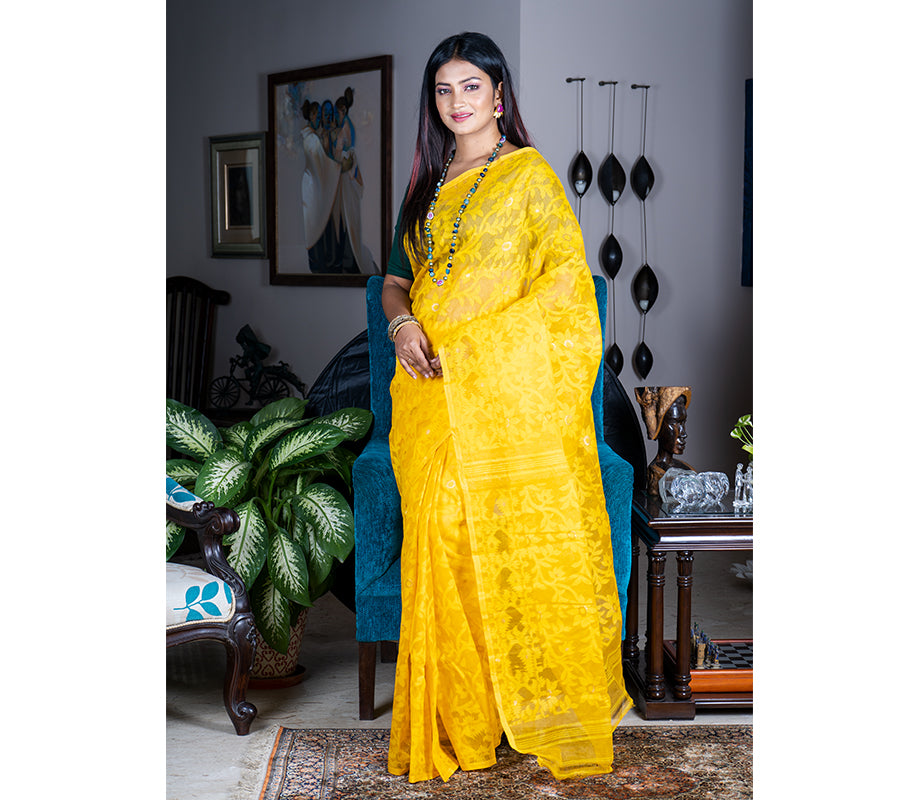 Black & Mustard Yellow Woven Design Dhakai Jamdani Saree - LAA CALCUTTA -  3540027