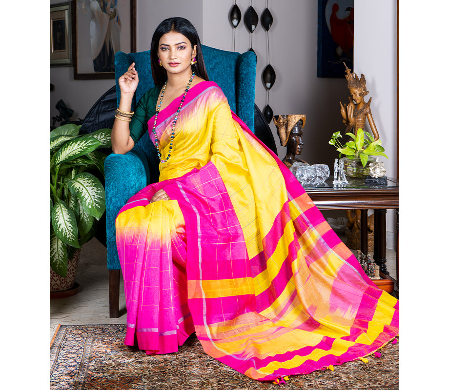 Buy SHREYA FASHIONS Woven Kanjivaram Pure Silk Pink, Yellow Sarees Online @  Best Price In India | Flipkart.com