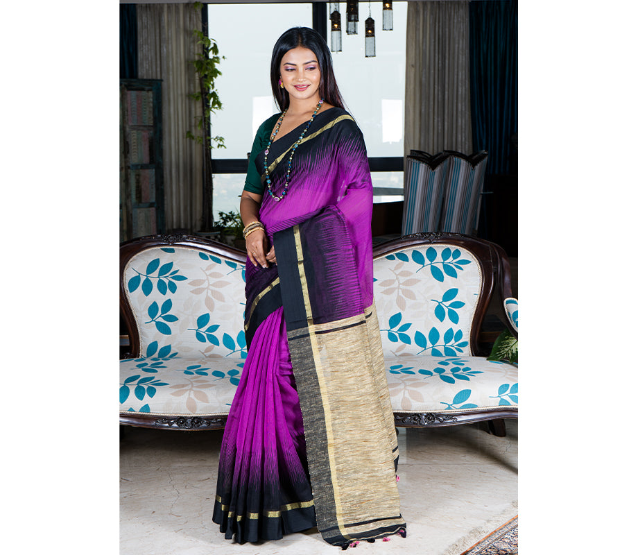 Handloom Ikkat Saree with Gheecha Anchal - Violet - ArtisanSoul