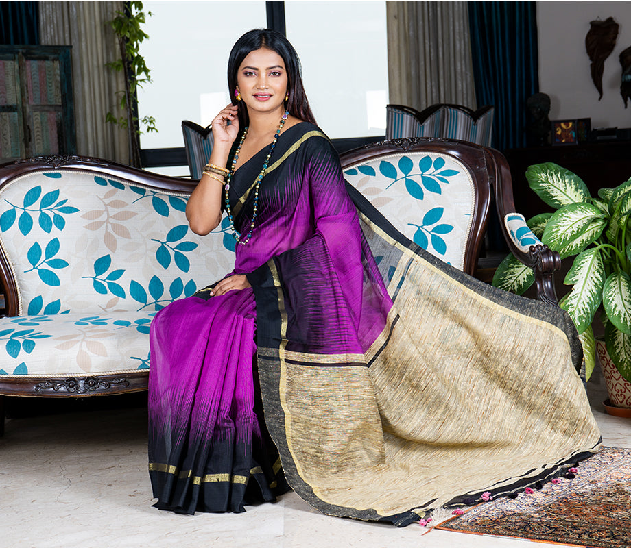 Handloom Ikkat Saree with Gheecha Anchal - Violet - ArtisanSoul