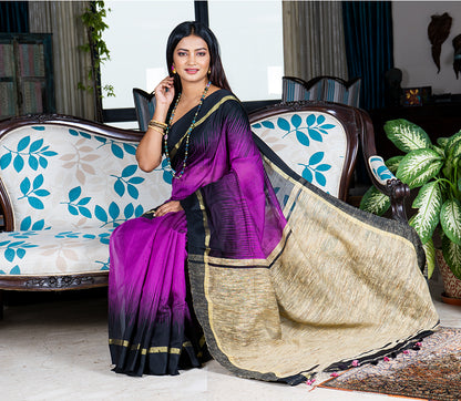 Handloom Ikkat Saree with Gheecha Anchal - Violet - ArtisanSoul