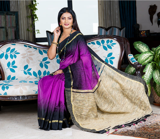 Handloom Ikkat Saree with Gheecha Anchal - Violet - ArtisanSoul