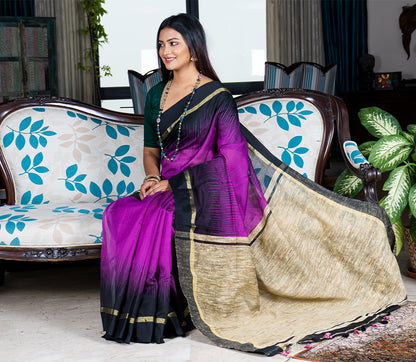 Handloom Ikkat Saree with Gheecha Anchal - Violet - ArtisanSoul