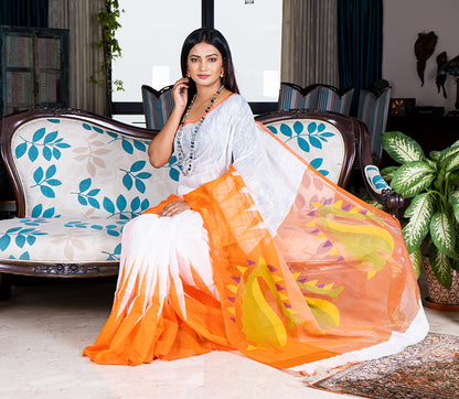 Handloom Gheecha Saree - White & Orange