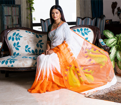 Handloom Gheecha Saree - White & Orange