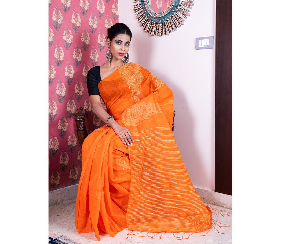 Handloom Gheecha Saree - Orange