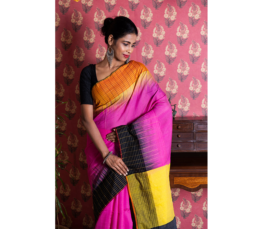 Handloom Saree With Ganga-Jamuna Par - Yellow & Black on Pink