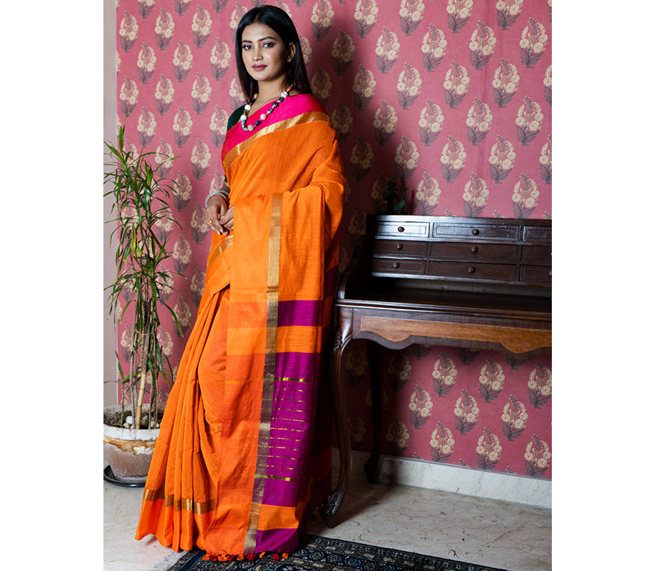 Cotton Silk Soft Dhakai Jamdani Handloom Saree in Beige & Orange multicolor  With Temple Border and Abstract Design