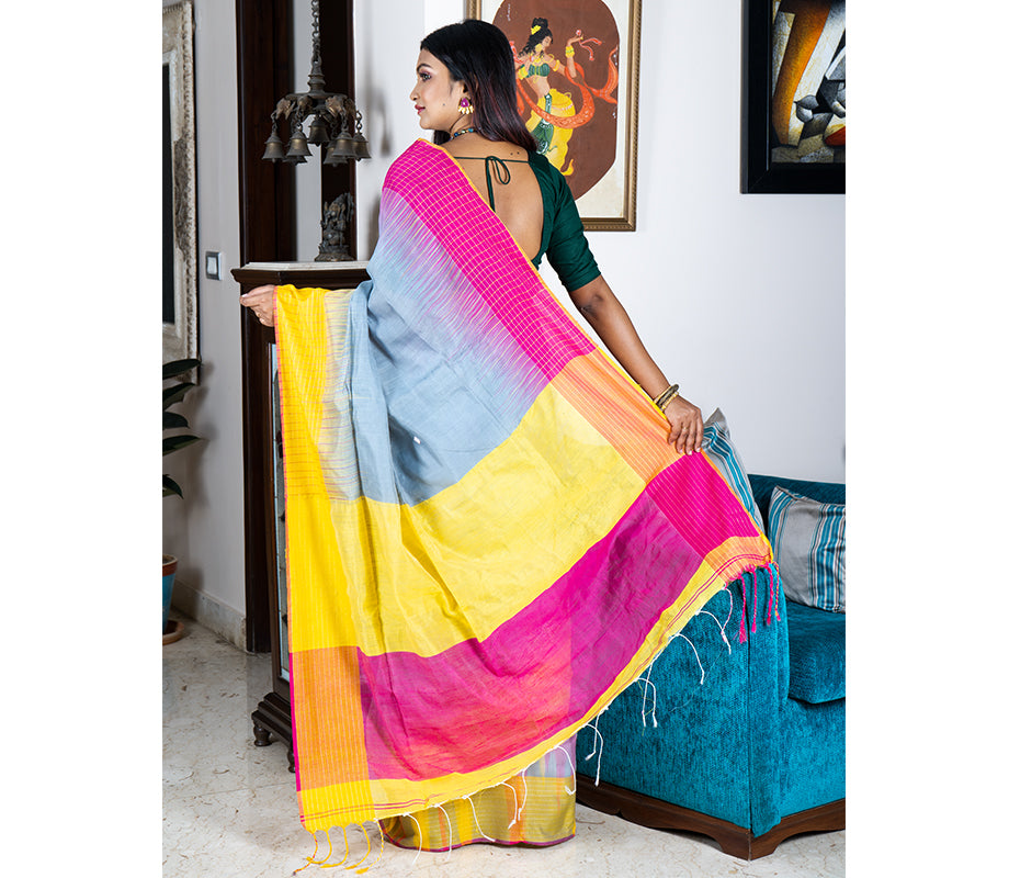 Handloom Saree With Ganga-Jamuna Par - Yellow & Purple on Gray