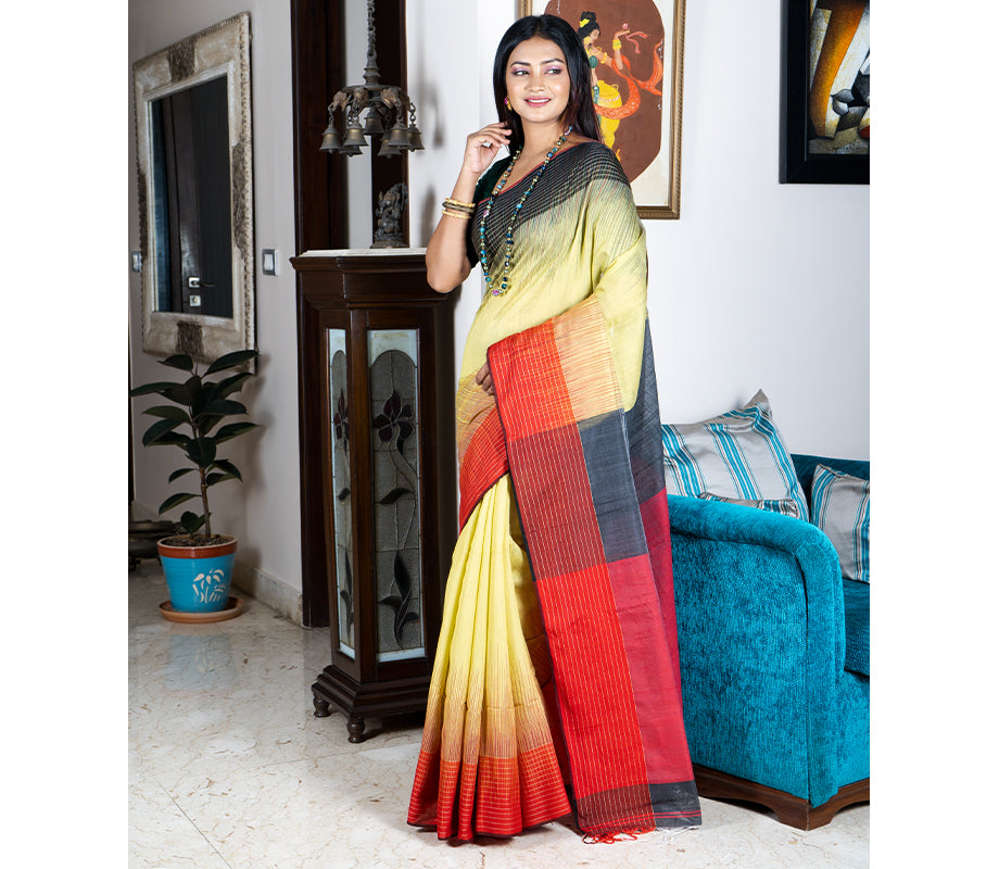 Lemon Yellow Khaddi Chiffon Benarasi Handloom Saree With Rupa Zari – Six  Yard Story