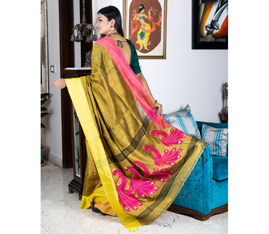 Handloom Saree in Mustard Yellow - ArtisanSoul