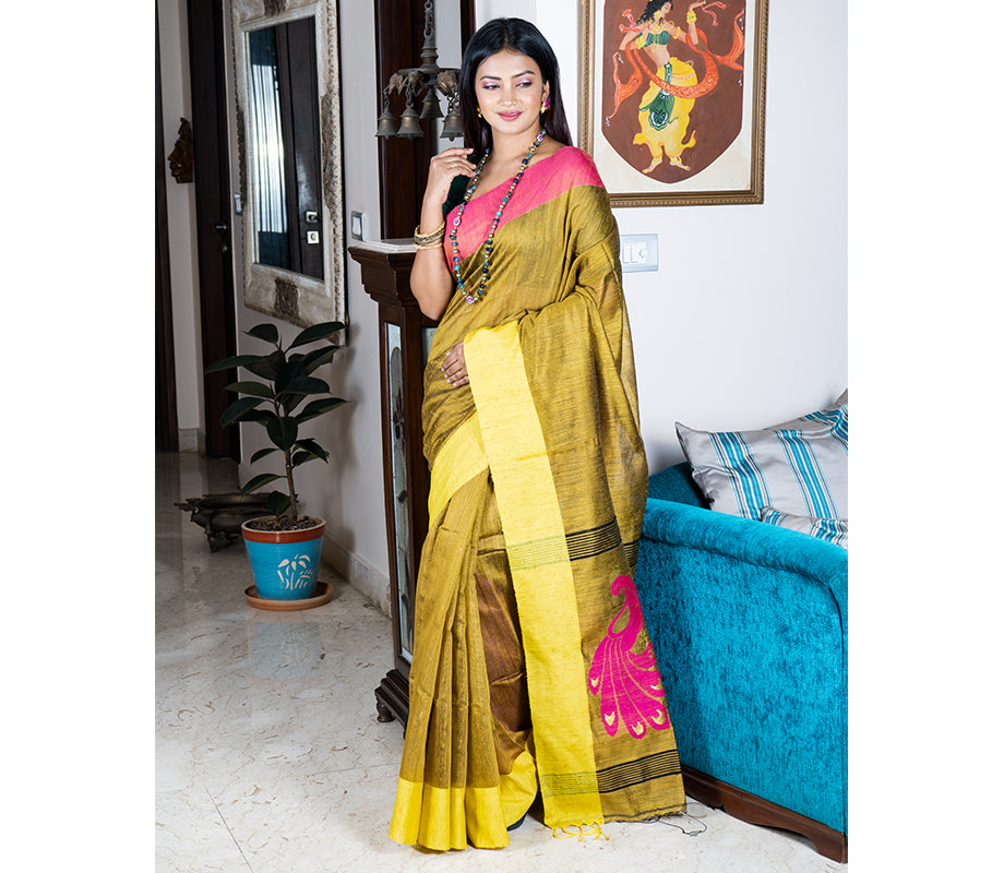 Handloom Saree in Mustard Yellow - ArtisanSoul
