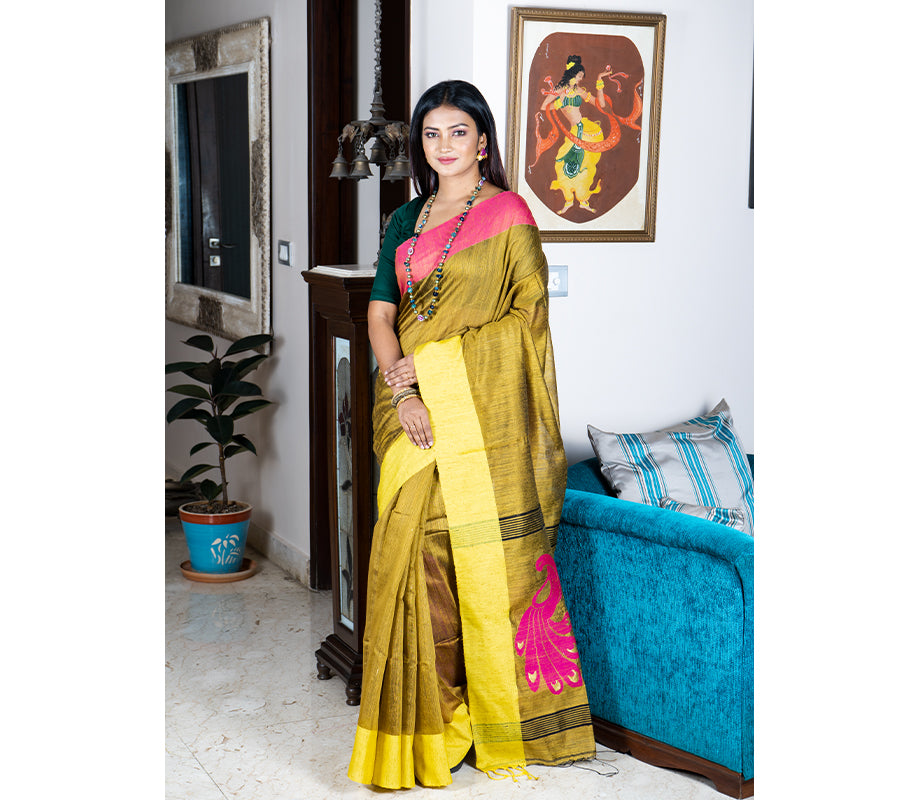 Handloom Saree in Mustard Yellow - ArtisanSoul