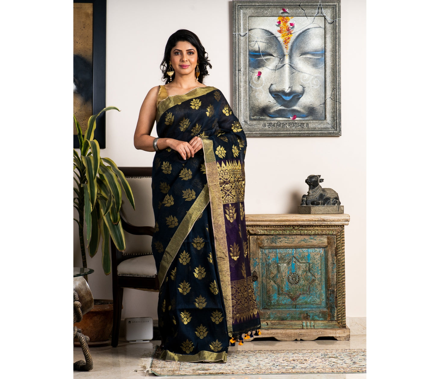 Handloom Linen Jamdani Saree - Prussian Blue and Violet