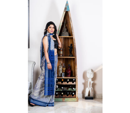 Sambalpuri Saree - Pure Cotton - Blue and Grey - ArtisanSoul
