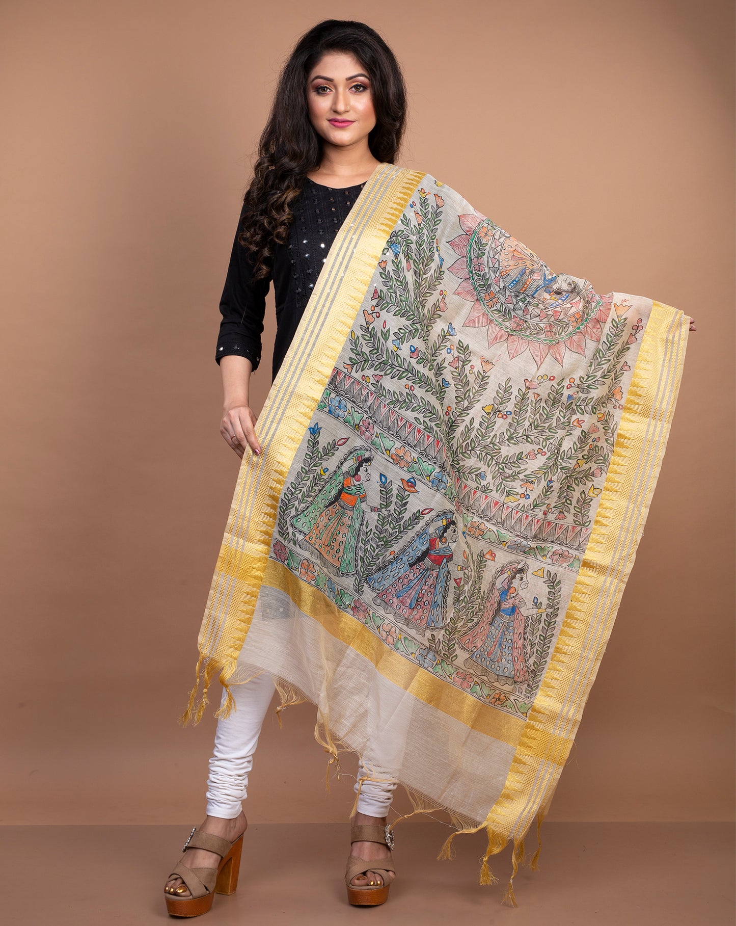 Madhubani Painting Dupatta From Bihar - White with Golden Border