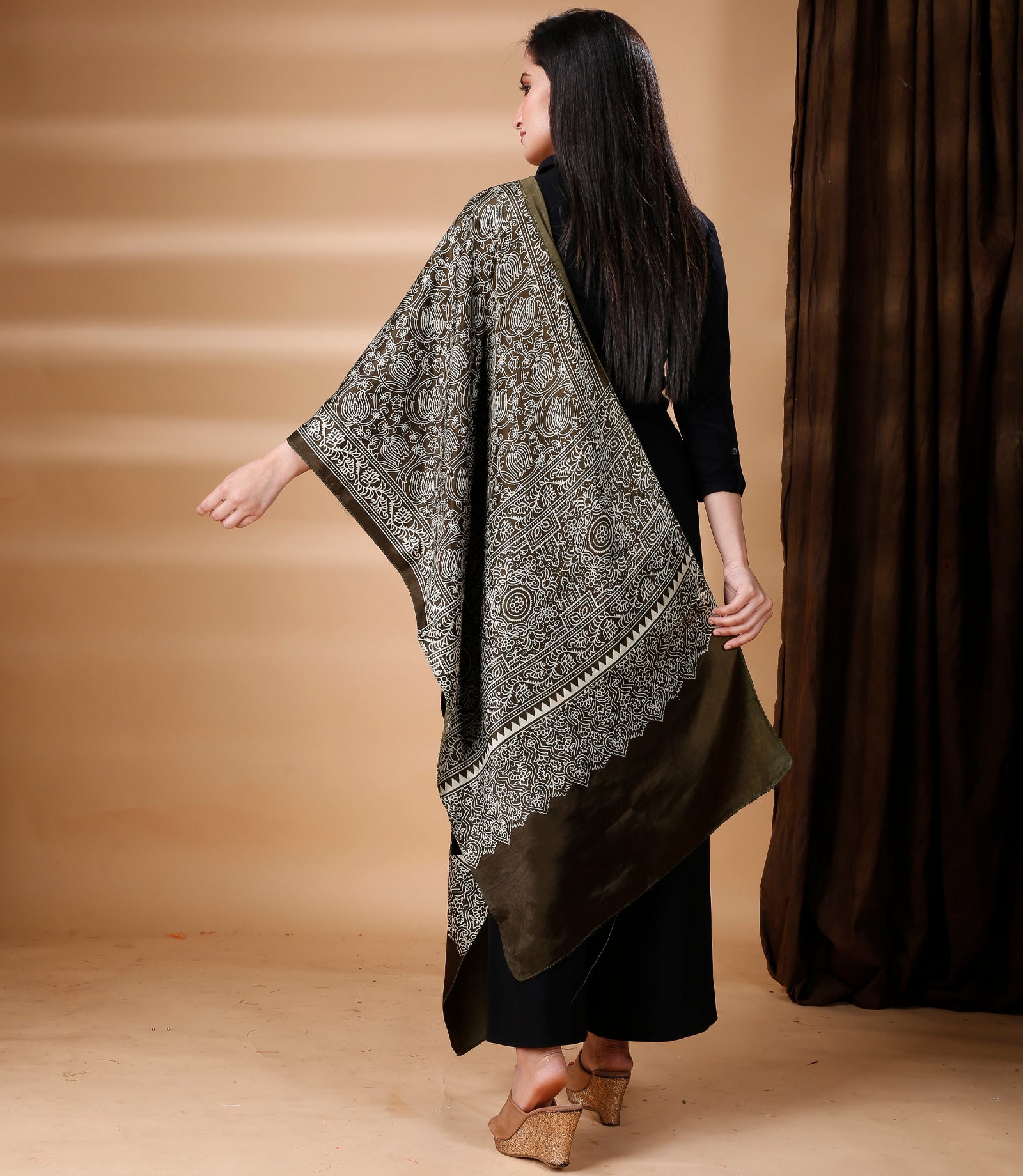 Ajrakh Print Modal Silk Stole From Bengal - Grey - ArtisanSoul