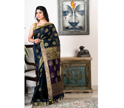 Handloom Linen Jamdani Saree - Prussian Blue and Violet