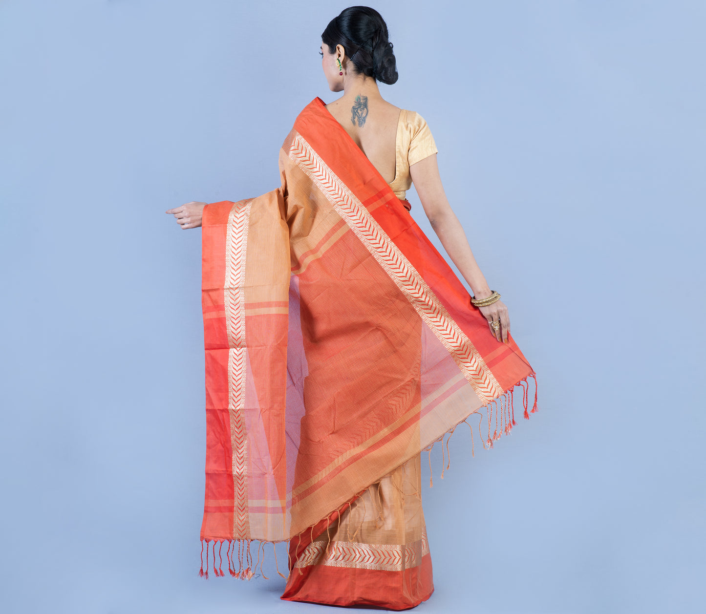 Tant Saree - Light Brown with Orange Par - ArtisanSoul