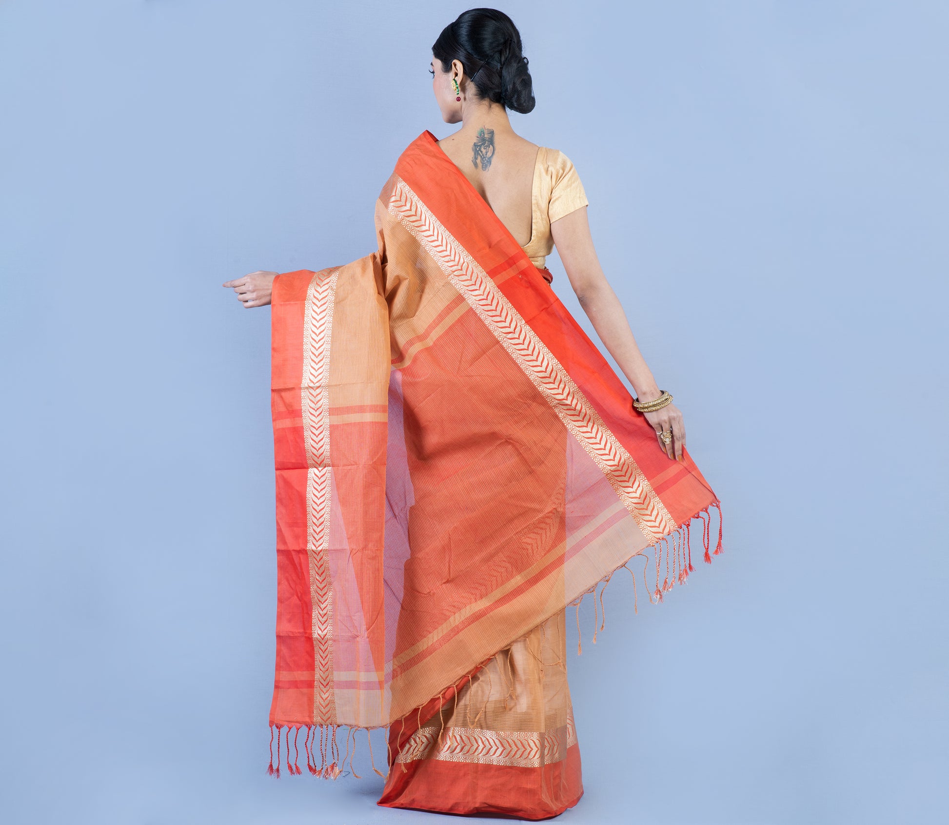 Tant Saree - Light Brown with Orange Par - ArtisanSoul