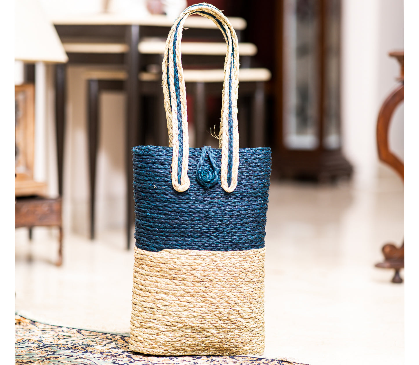 Long Bag made out of Sabai Grass - Blue and Natural Shade - ArtisanSoul