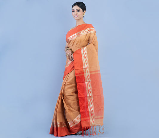 Tant Saree - Light Brown with Orange Par - ArtisanSoul