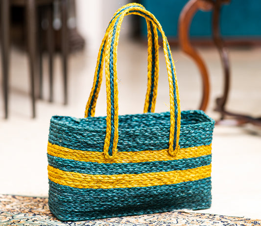 Market Bag Wide Type of Sabai Grass - Blue and Yellow - ArtisanSoul