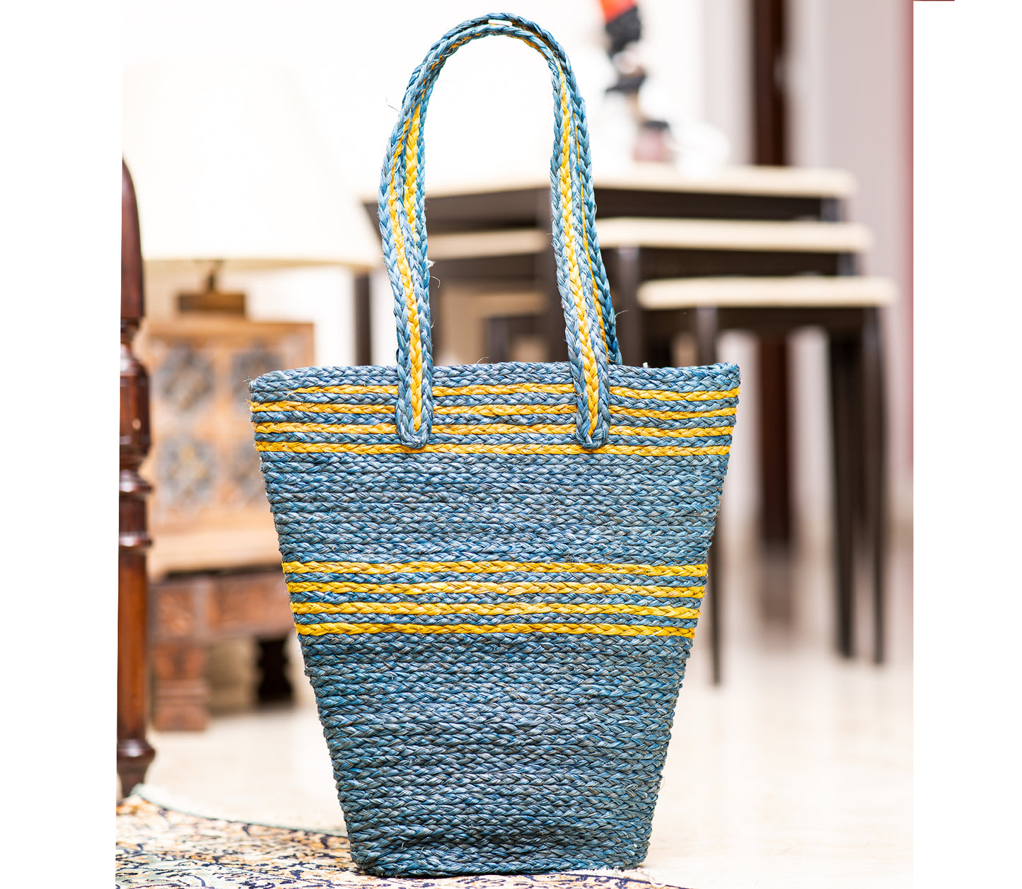 Hand Bag made of Sabai Grass from Bengal- Blue and Yellow - ArtisanSoul