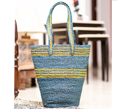 Hand Bag made of Sabai Grass from Bengal- Blue and Yellow - ArtisanSoul