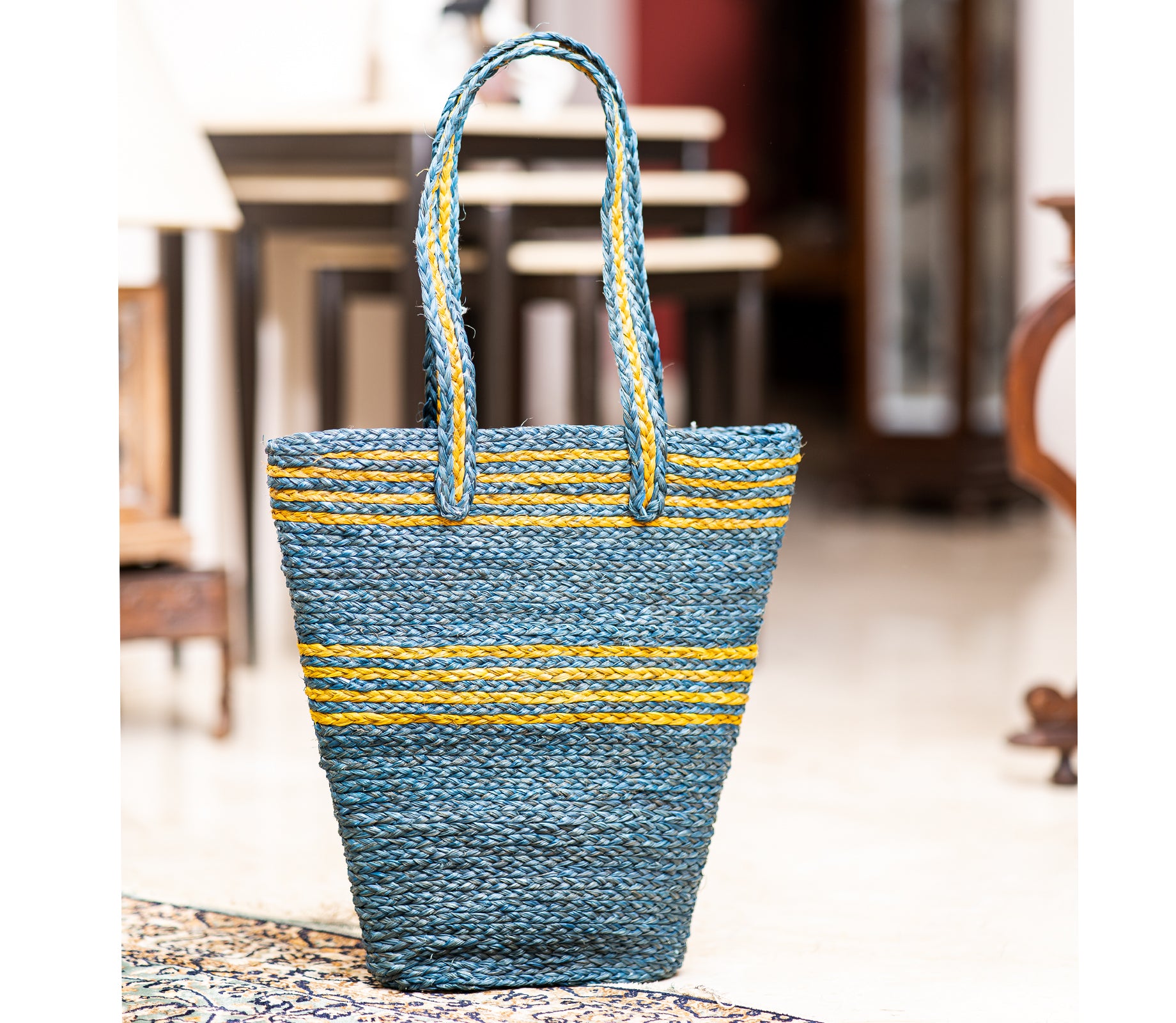 Hand Bag made of Sabai Grass from Bengal- Blue and Yellow - ArtisanSoul