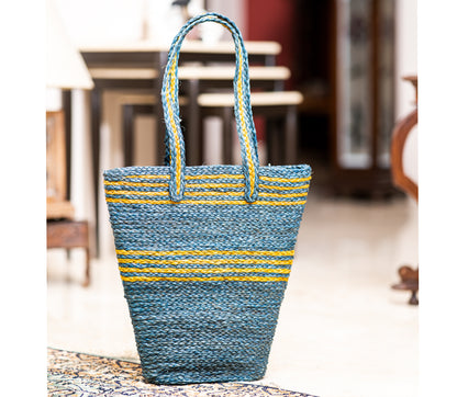 Hand Bag made of Sabai Grass from Bengal- Blue and Yellow - ArtisanSoul
