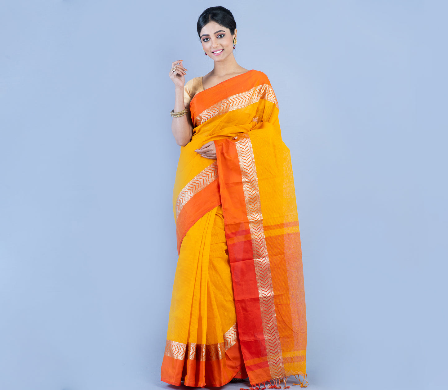 Tant Saree - Yellow with Orange Par - ArtisanSoul