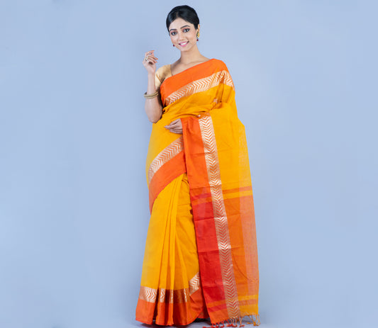 Tant Saree - Yellow with Orange Par - ArtisanSoul