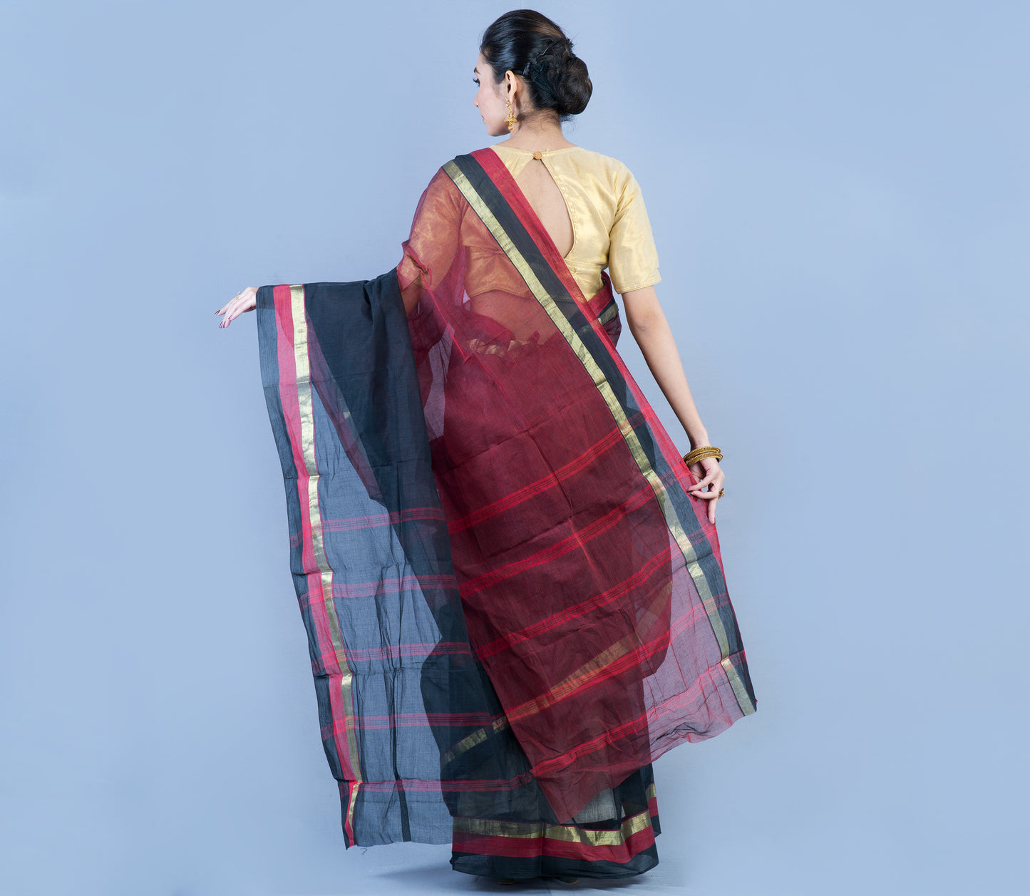 Tant Saree - Black & Maroon - ArtisanSoul