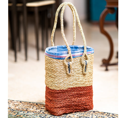 Sabai Grass Hand Bag with Cloth lining - Red and Natural - ArtisanSoul