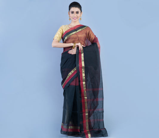 Tant Saree - Black & Maroon - ArtisanSoul
