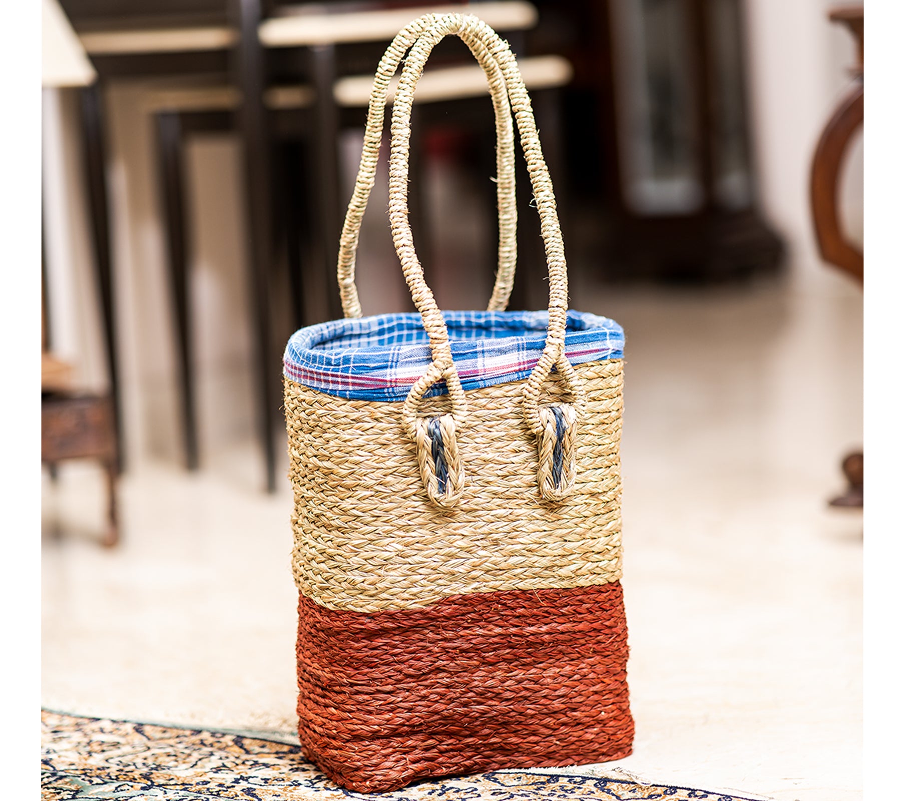 Two Tone Woven Stripe Straw Tote Bag with Leather Straps -  (782904)