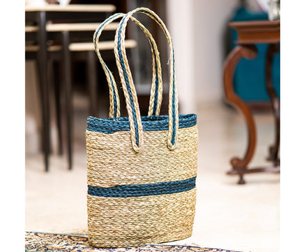Single Strip Sabai Grass Hand Bag - Blue and Natural - ArtisanSoul