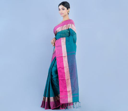 Handloom Tant Saree - Green with Pink Par - ArtisanSoul