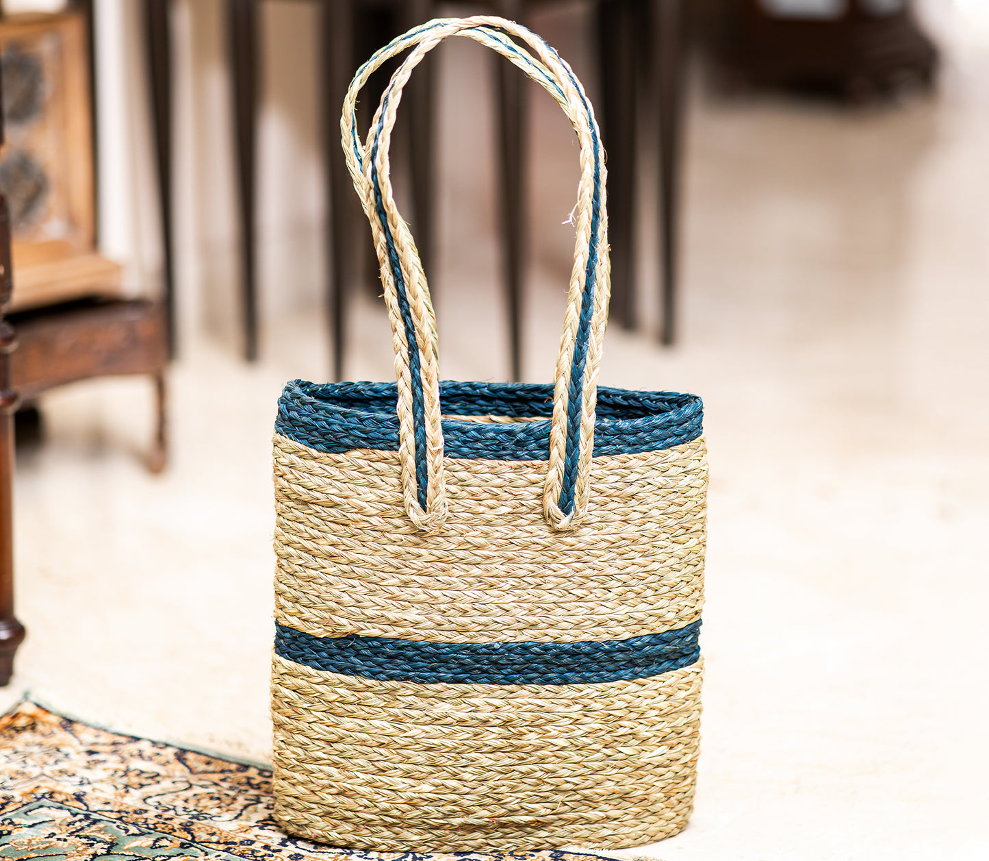 Single Strip Sabai Grass Hand Bag - Blue and Natural - ArtisanSoul