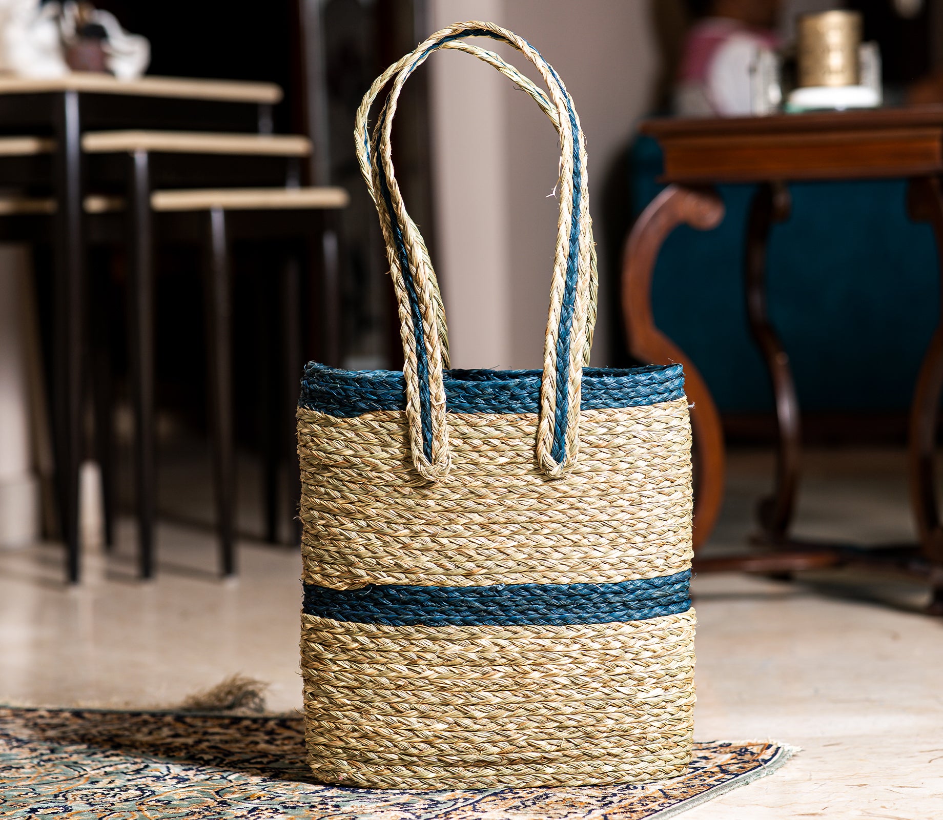Single Strip Sabai Grass Hand Bag - Blue and Natural - ArtisanSoul