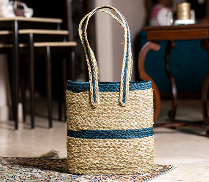 Single Strip Sabai Grass Hand Bag - Blue and Natural - ArtisanSoul