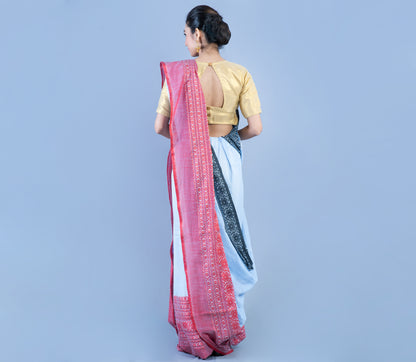 Handloom Saree Sky Blue with Black and Red Paar - ArtisanSoul