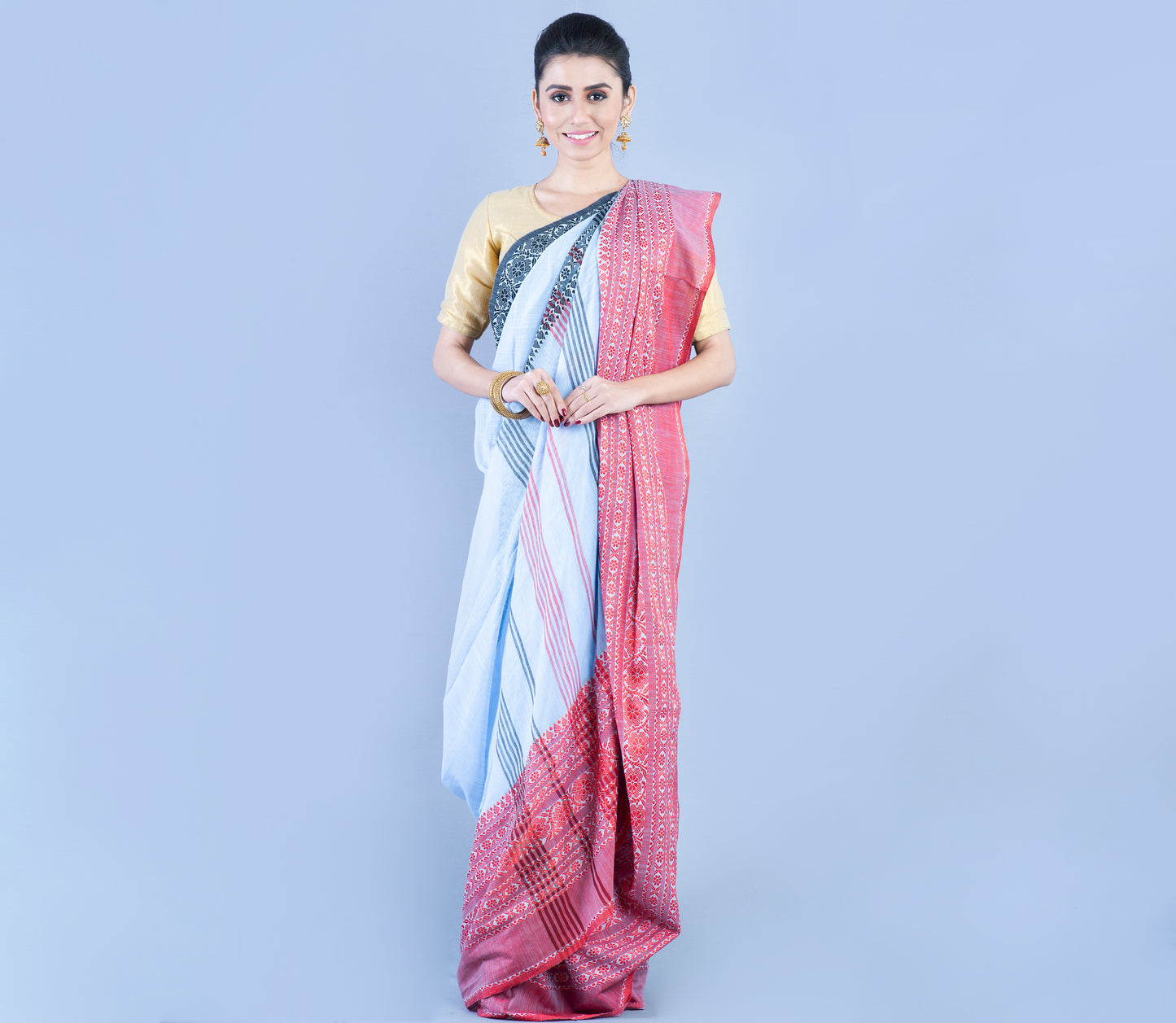 Handloom Saree Sky Blue with Black and Red Paar - ArtisanSoul